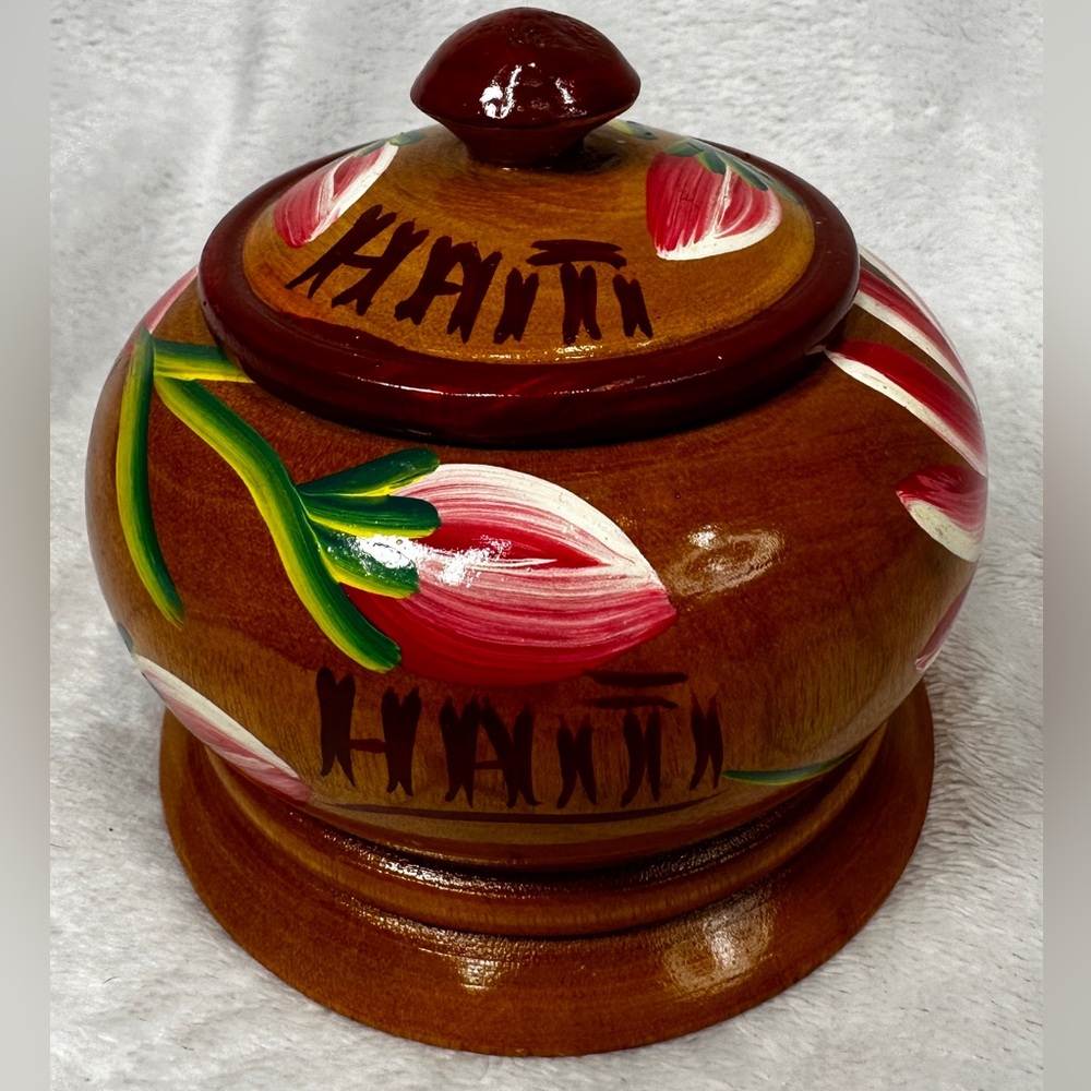 Wood Turned Hand Painted Floral Wooden Bowl w/ Lid Round Pot Haiti Souvenir Art